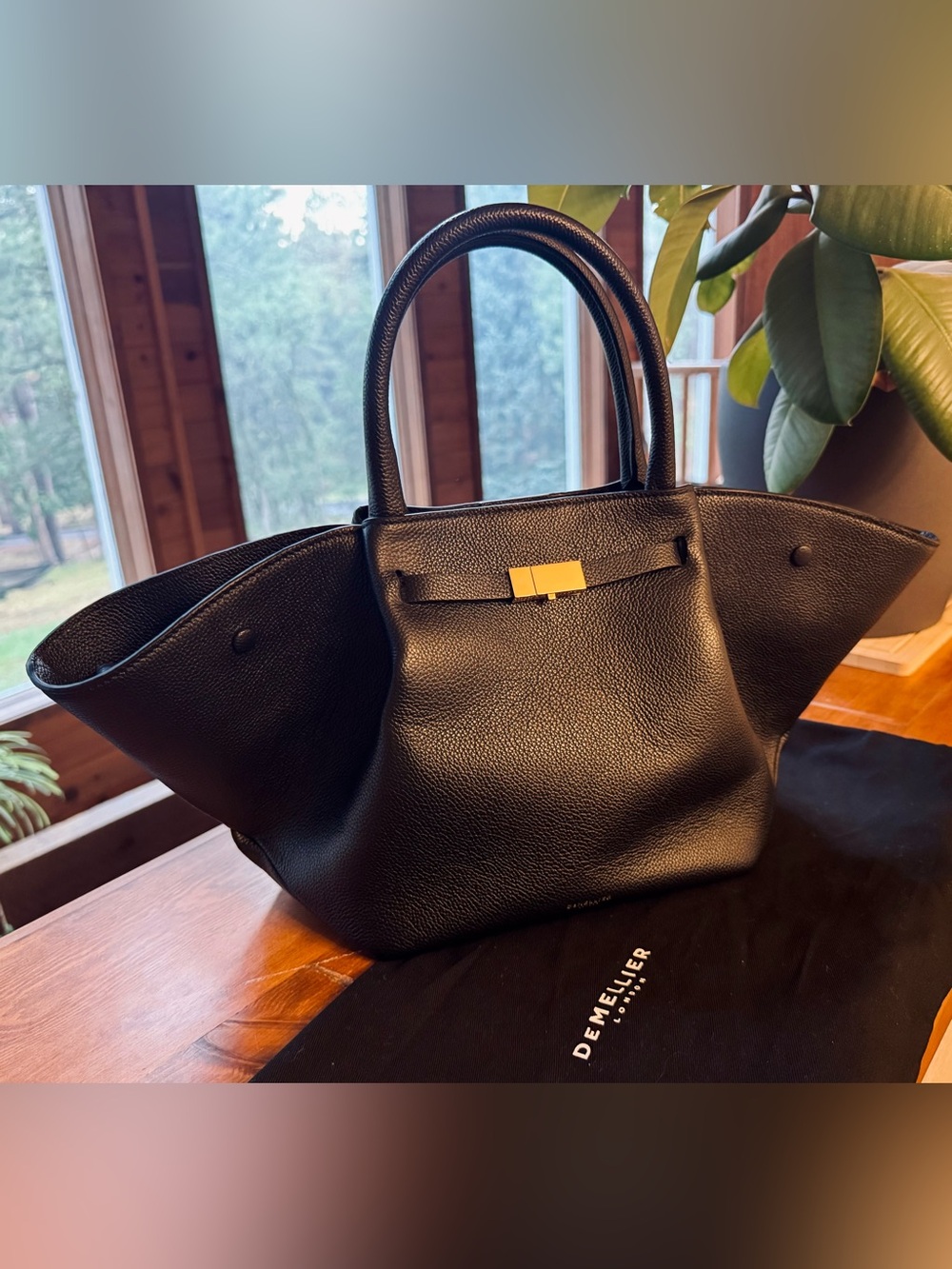 DeMellier Midi New York Tote Black Pebbled Leather Gold Hardware